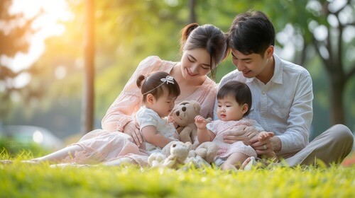 Young family sitting on the grass.